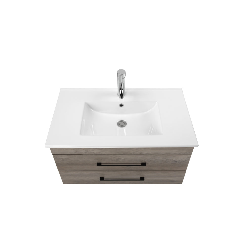 32-Inch Grey Wood Grain Wall-Mounted Bathroom Vanity with Double Drawers,Soft-Close System,White Ceramic Sink, Create a Modern and Minimalist Bathroom Space,for Bathroom