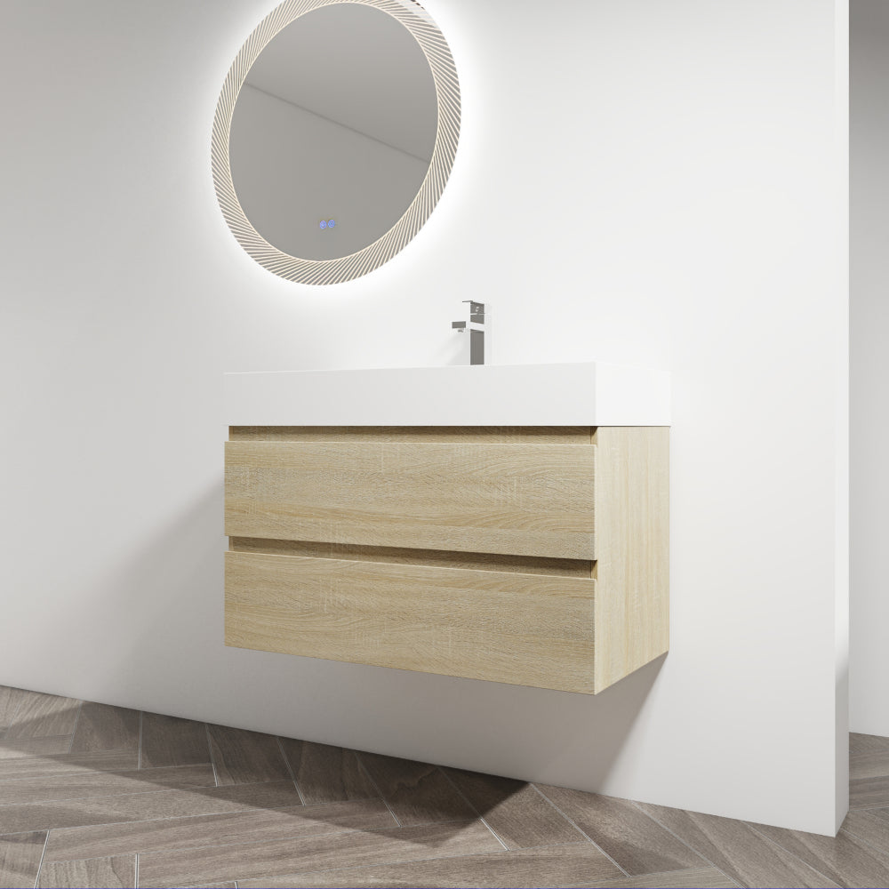 36" Wall-Mounted Bathroom Vanity With Resin Sink, 2-Soft Close Drawers, KD-Package