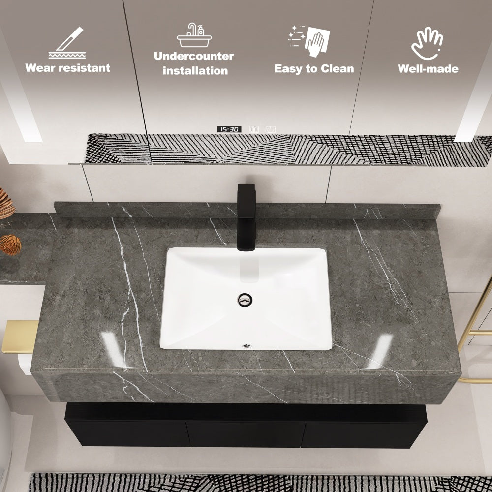 16 inch Under-mount Ceramic Rectangle Bathroom Vanity Sink, Under-mount Sink Rectangular with Concealed Overflow 16" x 11" Vessel Sink with Template DIY install Rectrangle White Ceramic