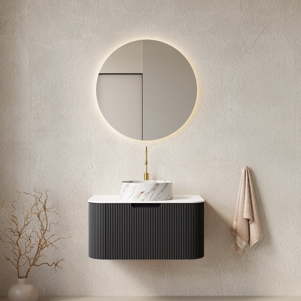 DINA 24" Bathroom Vanity with Sink, Wall-Mounted Floating Curved Edges Striped Bathroom Storage Cabinet with Drawer, White Round Ceramic Basin with Stone Pattern, Pre-assembled, Light Green Color