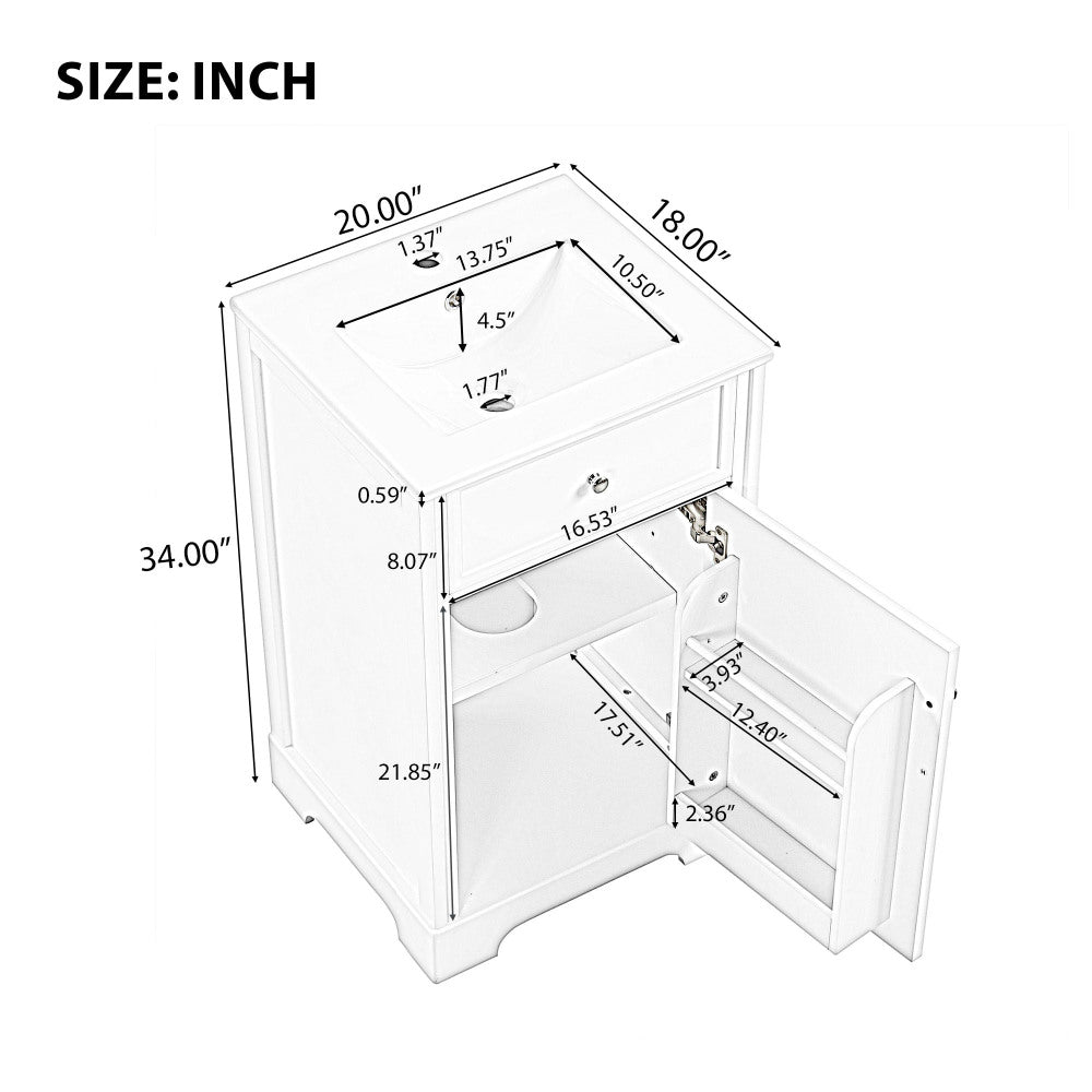 20" Bathroom Vanity with Sink, Bathroom Cabinet with Soft Closing Door, Storage Rack and Adjustable Shelve, White (Old Sku:
WF531249AAK)