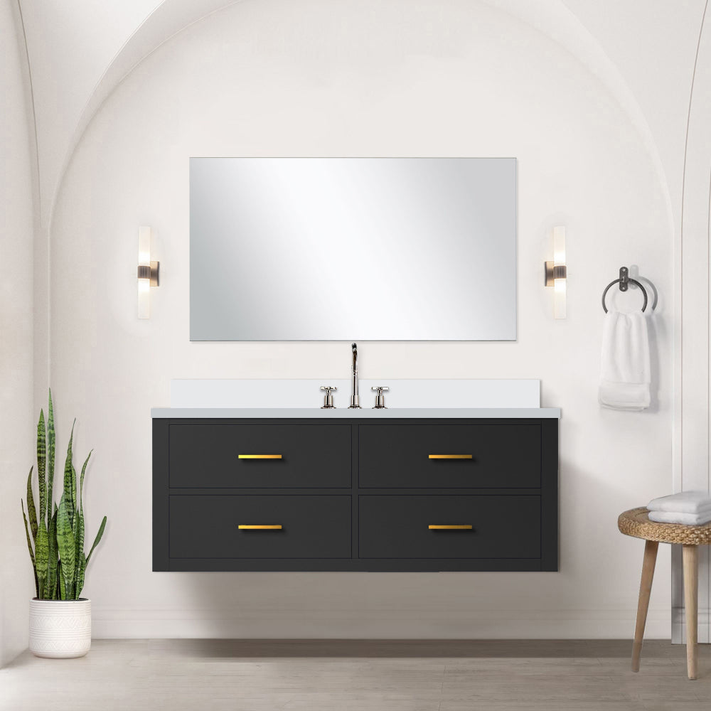 White Single Bath Vanity 48 in. W x 22 in. D, White Quartz Countertop, 43 in. Mirror and Faucet Set