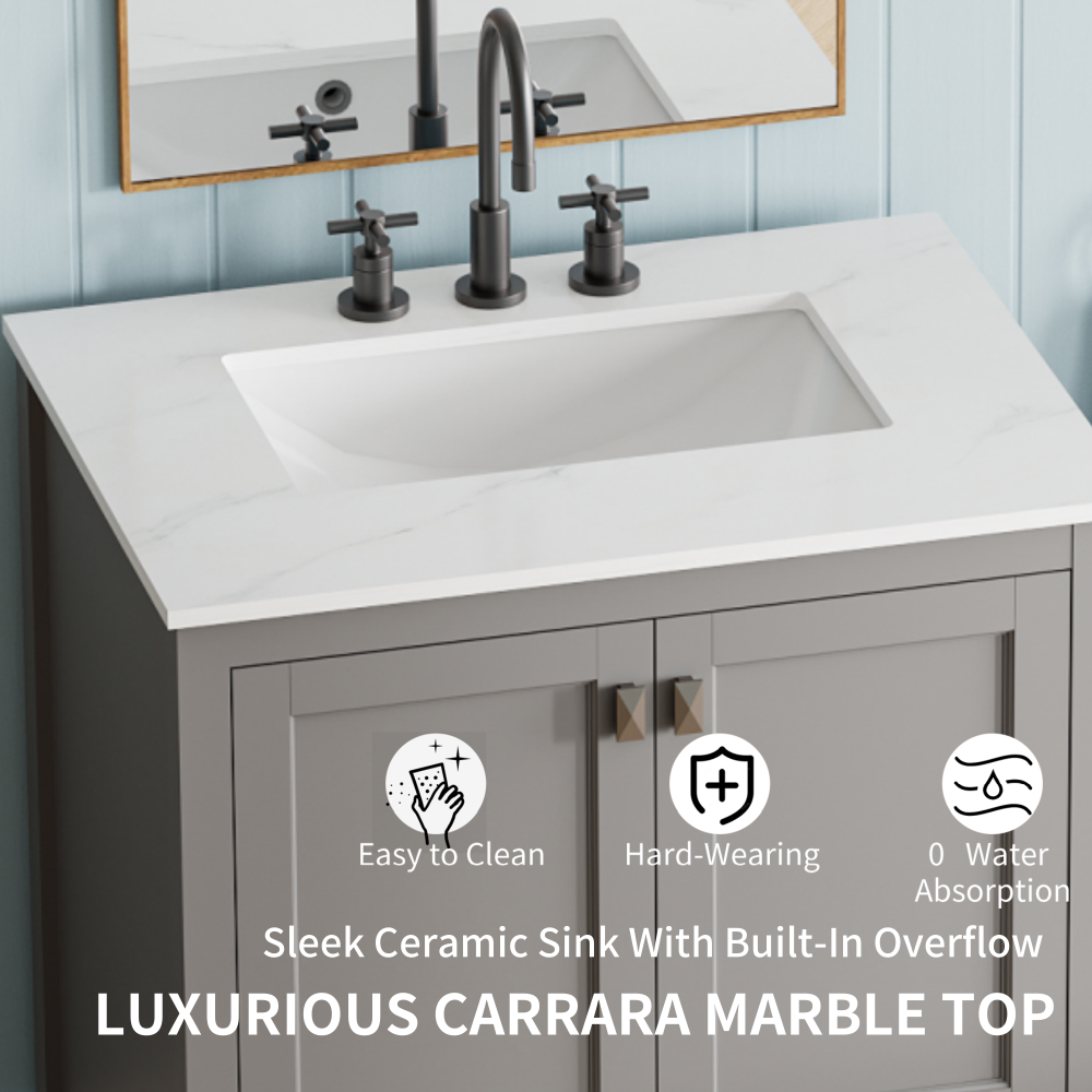 30" Freestanding Bathroom Vanity with Sink, Carrara Engineered Marble Vanity Top with Under-mounted Rectangular Ceramic Sink, Large Storage Soft-Close Door, Solid Wood Frame, Grey 24V03-30GR