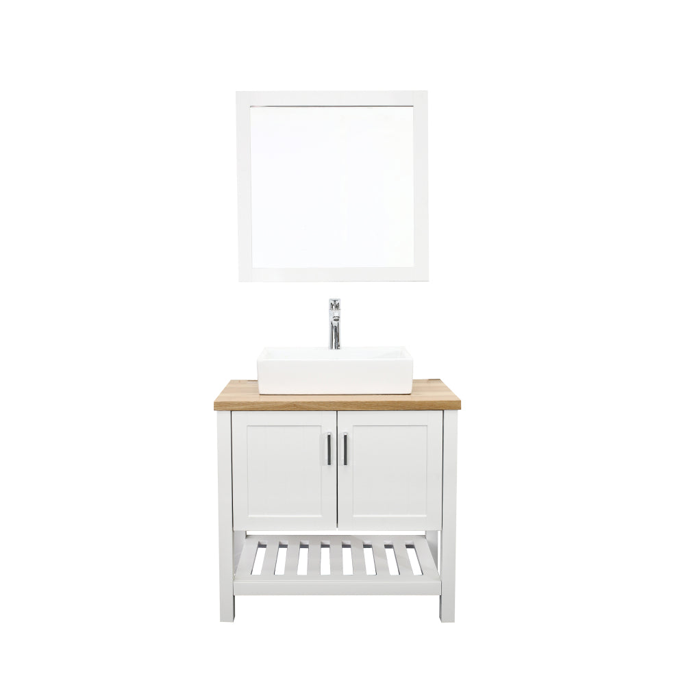 32" Bathroom Vanity with Sink,Single Bathroom Vanities Cabinet with Doors and Open Shelf,Solid Wood Small Vanity with Sink Set,for Bathroom,White+Natural