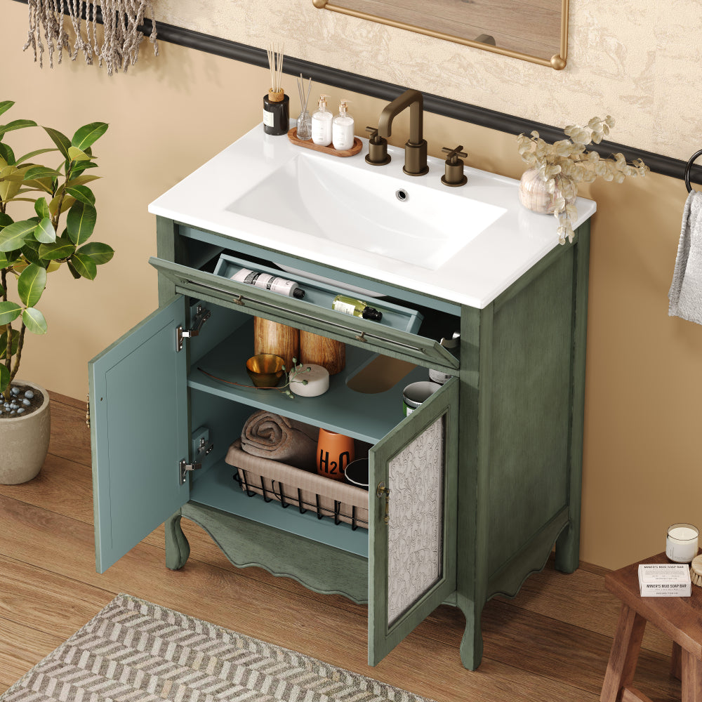 30" Antique Pattern Bathroom Vanity with Rectangle Ceramic Sink, Bathroom Vanity Cabinet with Tip-Out Tray / Flip-Out Drawer, Equipped with Antique Handles and Rubber Wood legs, Antique Green + Blue