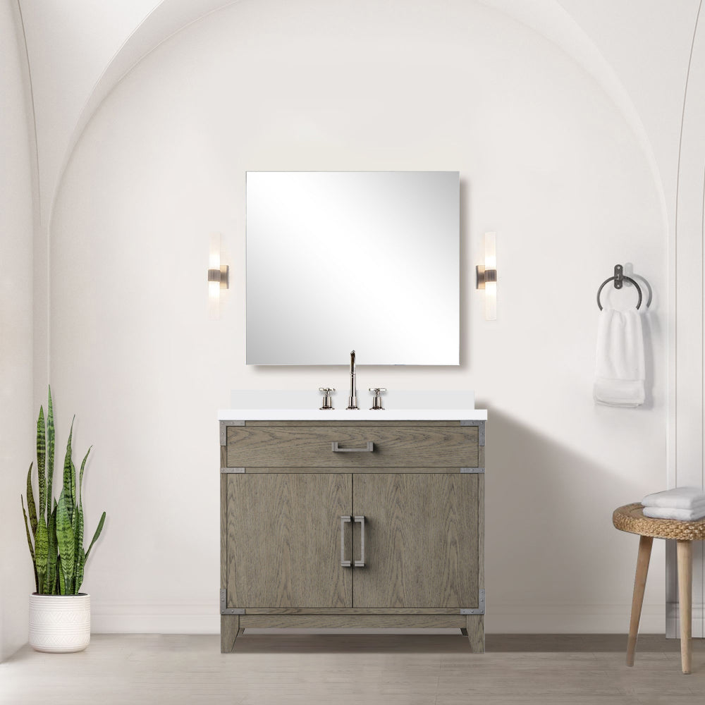 Brown Oak Single Bath Vanity 36 in. W x 22 in. D, White Quartz Top, and Faucet Set