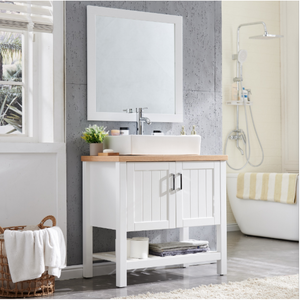 32" Bathroom Vanity with Sink,Single Bathroom Vanities Cabinet with Doors and Open Shelf,Solid Wood Small Vanity with Sink Set,for Bathroom,White+Natural