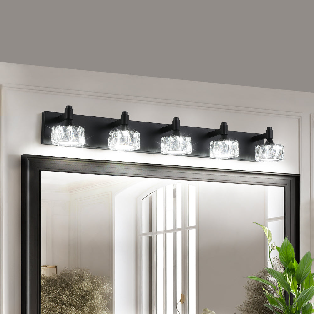 Modern 6-Light Matte Black LED Vanity Light Fixture with Crystal Glass Shades, Bathroom Wall Sconce for Elegant and Contemporary Home Decor