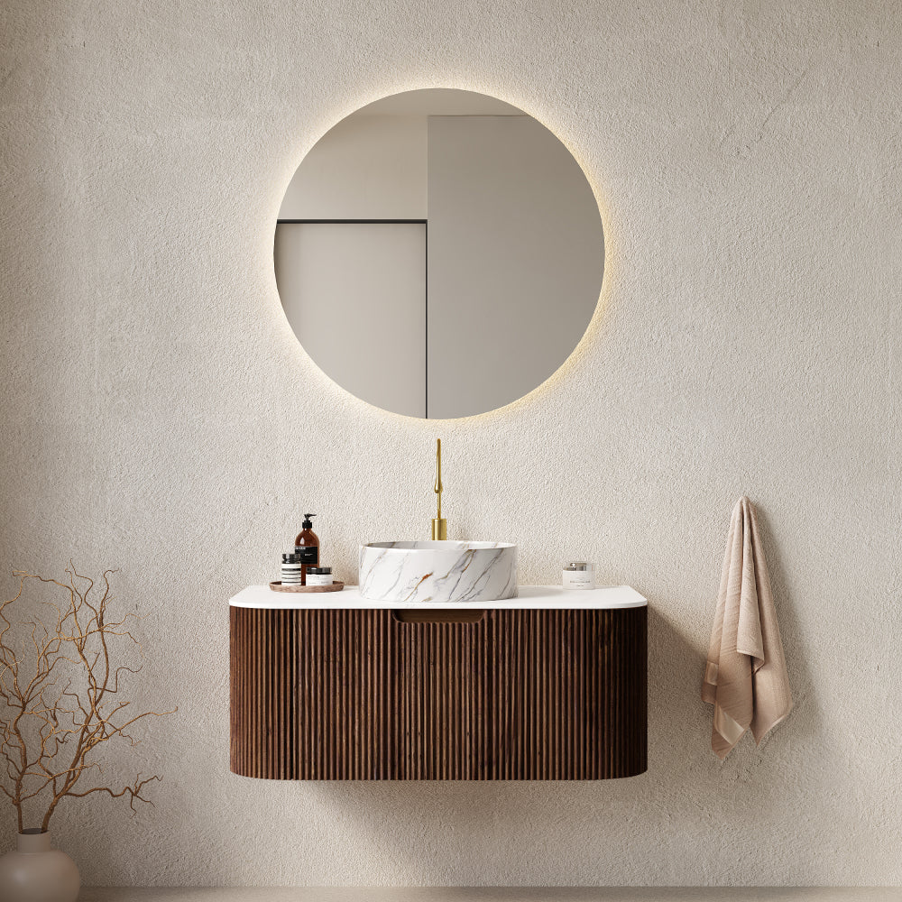 DINA 24" Bathroom Vanity with Sink, Wall-Mounted Floating Curved Edges Striped Bathroom Storage Cabinet with Drawer, White Round Ceramic Basin with Stone Pattern, Pre-assembled, Light Green Color