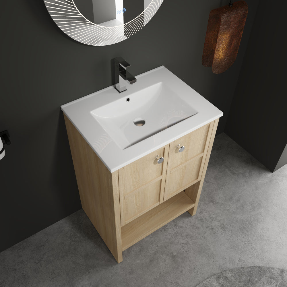 24" Freestanding Bathroom Vanity whit Ceramic Sink, 2-Soft Closing Door, Oak, Plywood