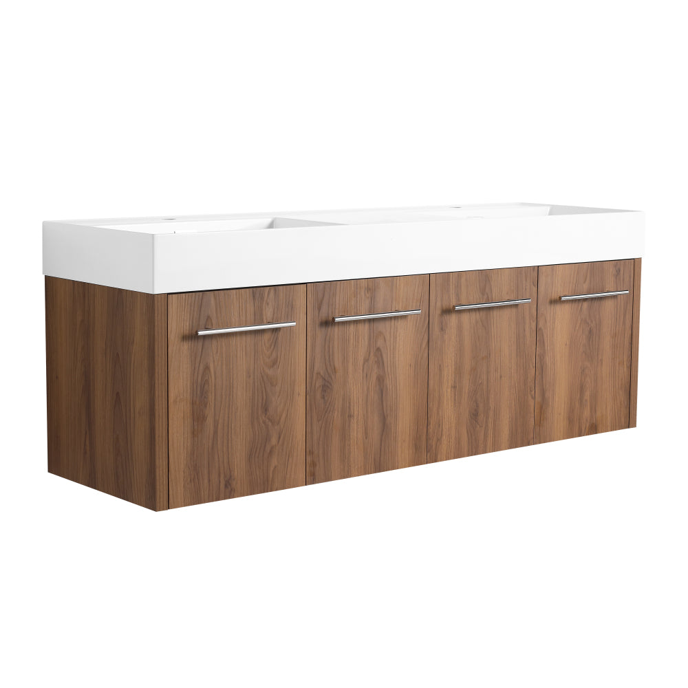 60 Inch Wall-Mounted Bathroom Vanity with Sink, Thick Edged Double Resin Sink, KD-Package