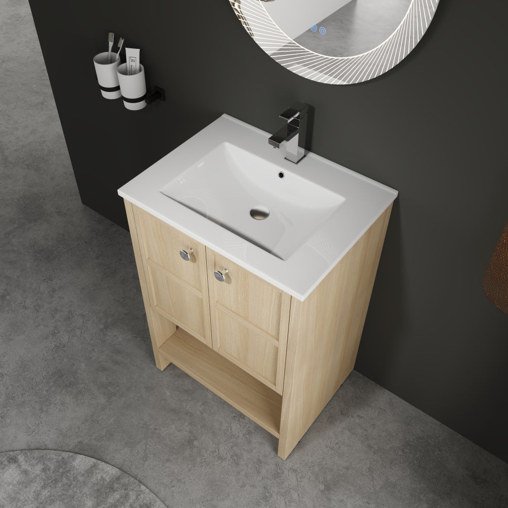 24" Freestanding Bathroom Vanity whit Ceramic Sink, 2-Soft Closing Door, Oak, Plywood