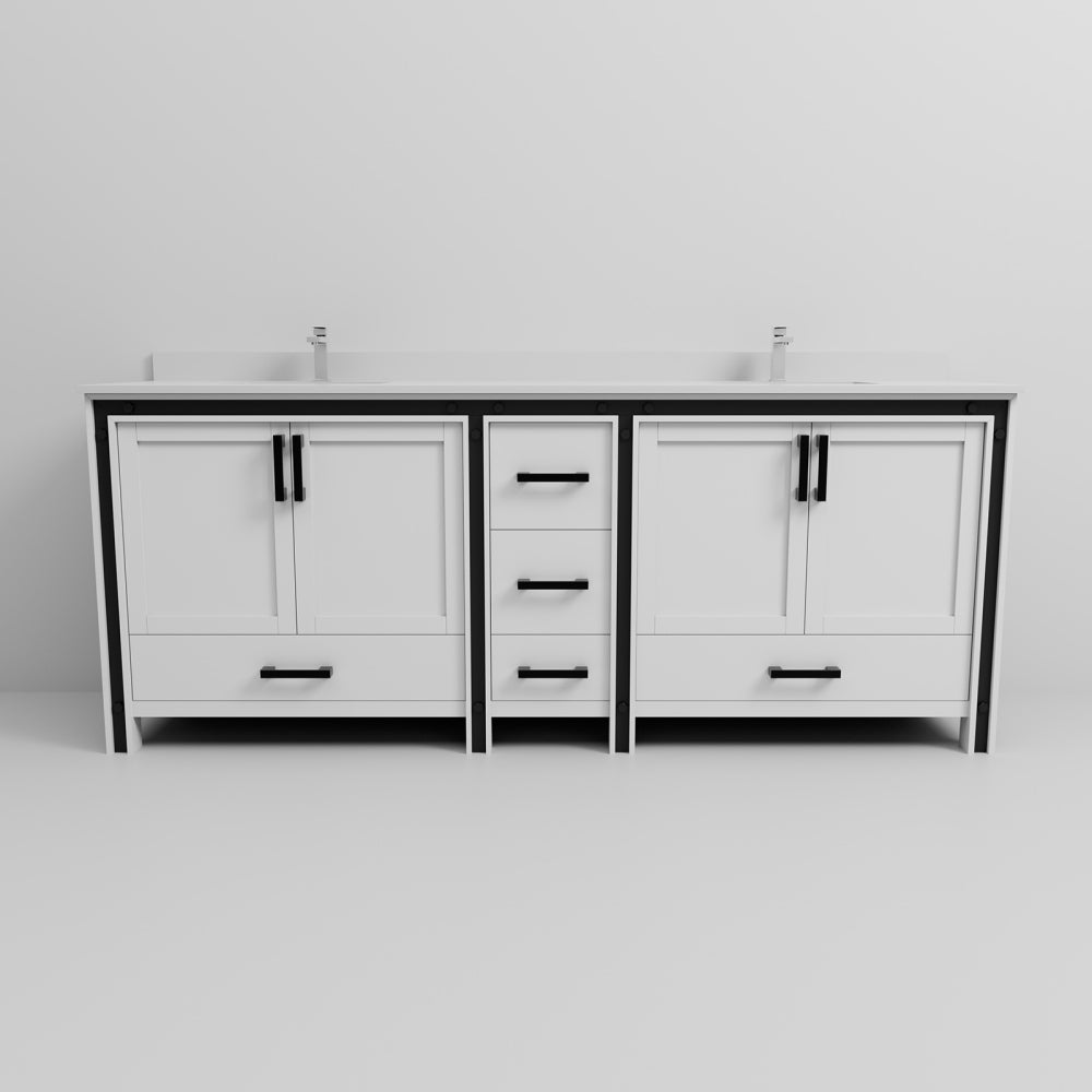White Double Bath Vanity 84 in. W x 22 in. D, White Quartz Top and Faucet Set