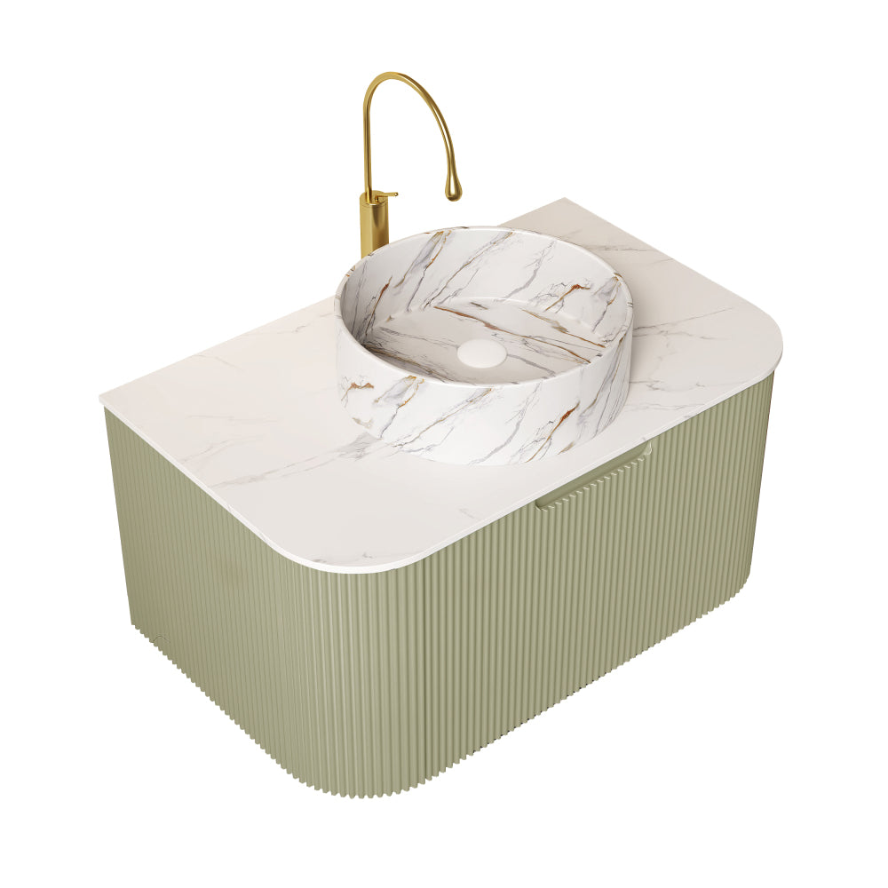 DINA 30" Bathroom Vanity with Sink, Wall-Mounted Floating Curved Edges Striped Bathroom Storage Cabinet with Drawer, White Round Ceramic Basin with Stone Pattern, Pre-assembled, Light Green Color