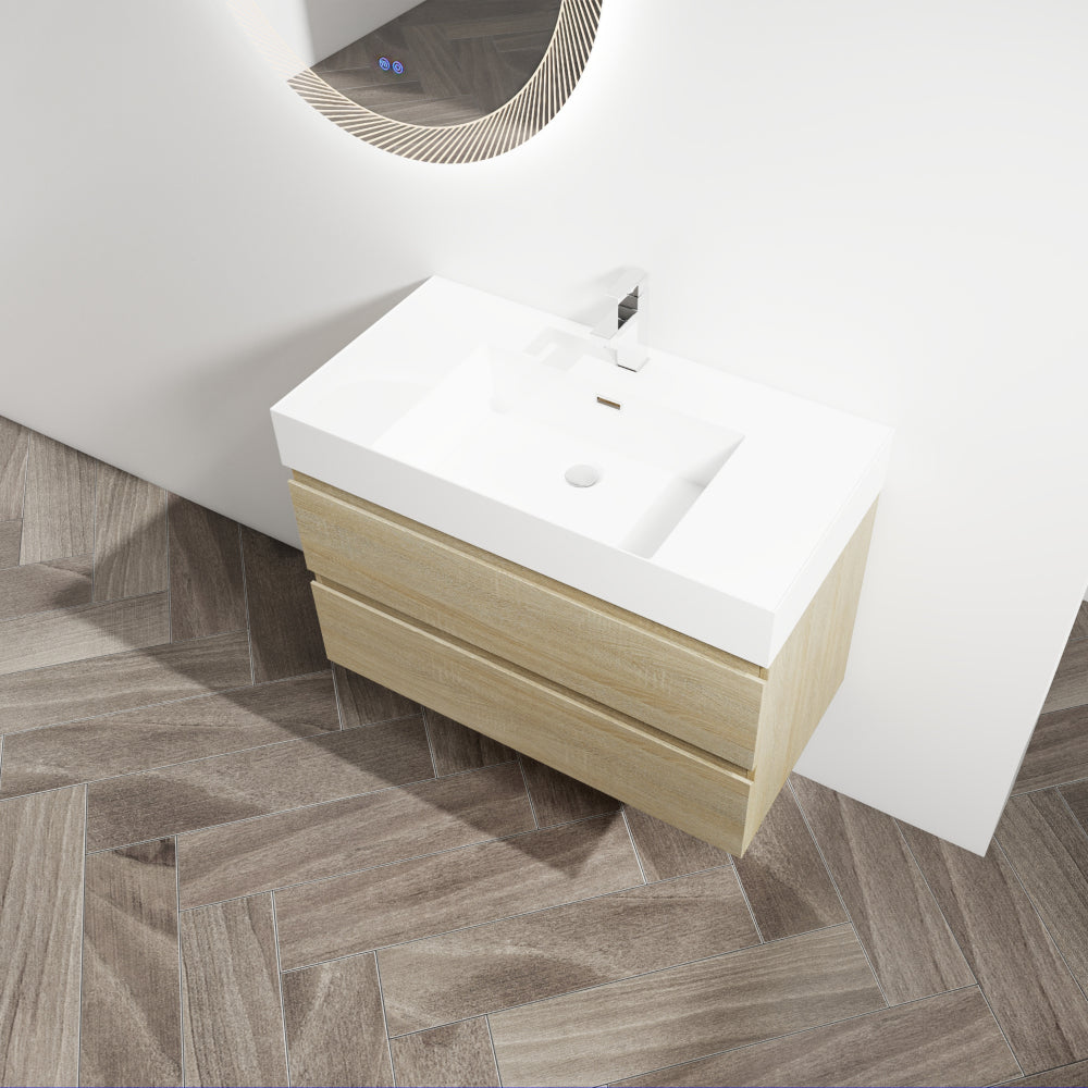 36" Wall-Mounted Bathroom Vanity With Resin Sink, 2-Soft Close Drawers, KD-Package
