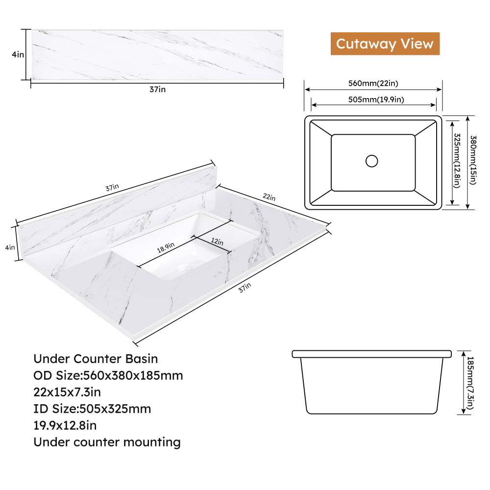 37 Inch Marble Vanity Top, White Vanity Top with 1 Pre-drilled Faucet Holes, Bathroom Vanity Top with Undermount Rectangular Middle Sink and 4" Height Backsplash, Bianco Carrara Venato