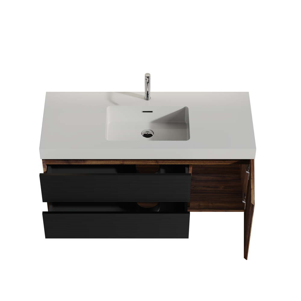 Grace 48" Walnut Bathroom Vanity with Glossy White Solid Surface Sink and Soft Black Drawers, Wall Mounted Floating Bathroom Vanity for Modern Bathroom, One-Piece Glossy White Basin, Pre-assembled