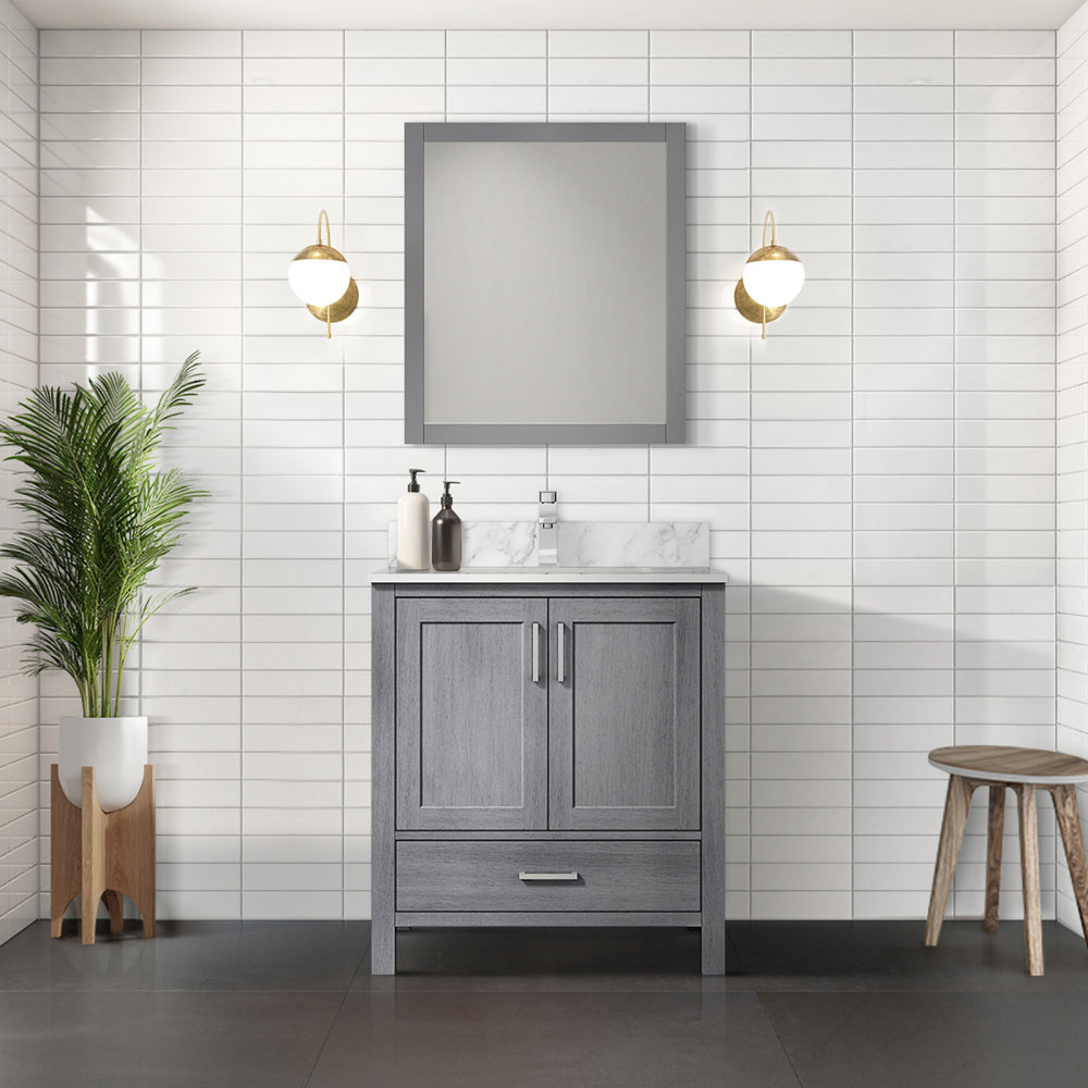 White Bath Vanity 30 in. W x 22 in. D, Carrara Marble Top, and Faucet Set