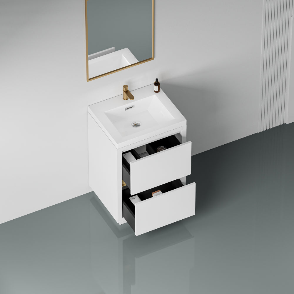 24" Freestanding Bathroom Vanity with Sink, Bathroom Storage Vanity Cabinet with Stone Resin Countertop and Soft Close Drawers, Glossy White 24V14-24GW