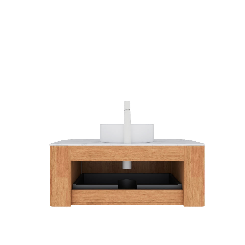 DINA 36" Bathroom Vanity with Sink, Wall-Mounted Floating Curved Edges Striped Bathroom Storage Cabinet with a Drawer, White Round Ceramic Basin without Faucet, Pre-assembled, Natural Woodgrain Color