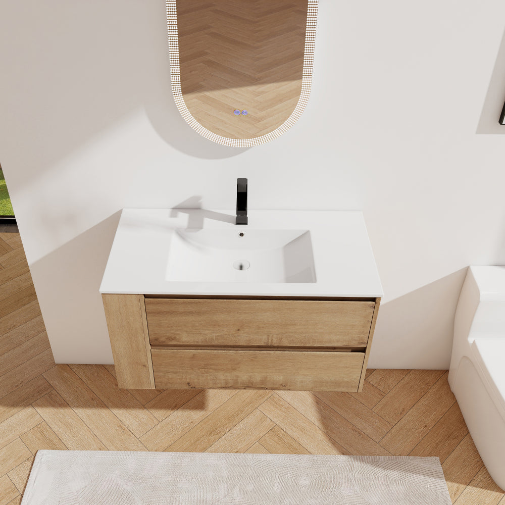 36" Wall Mounting Bathroom Vanity With Ceramic Sink, Soft Close Drawer