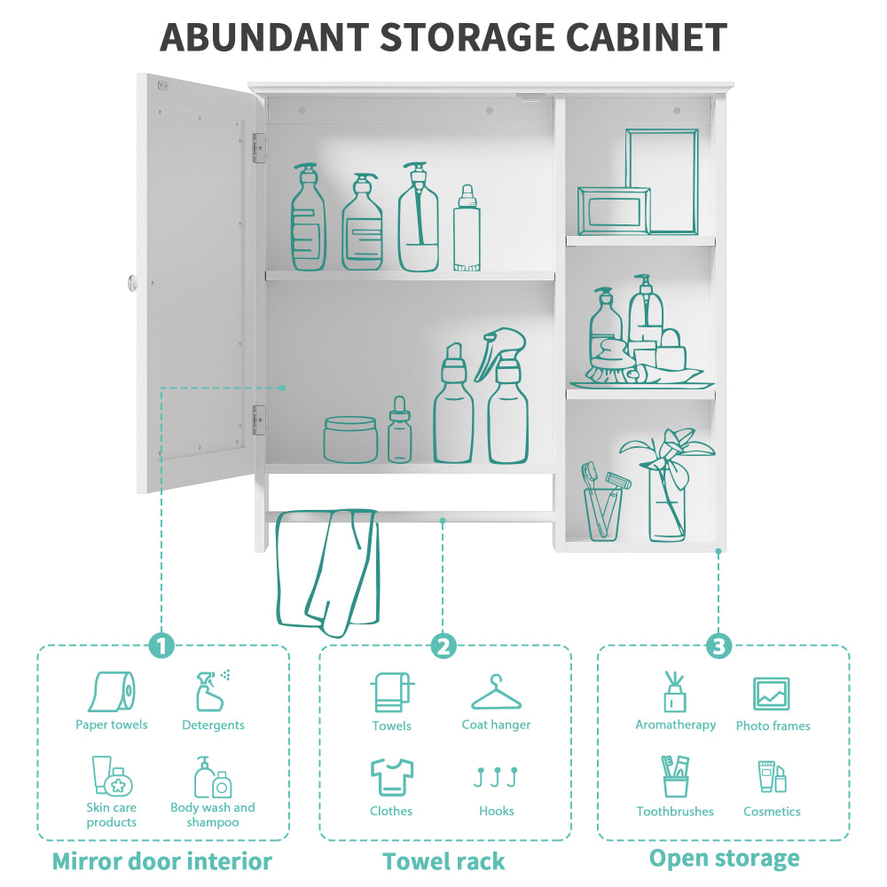 Wall Mounted Bathroom Storage Cabinet, Medicine Cabinets with large mirror door, adjustable shelves and three open storage levels(Not Include Bathroom Vanity )