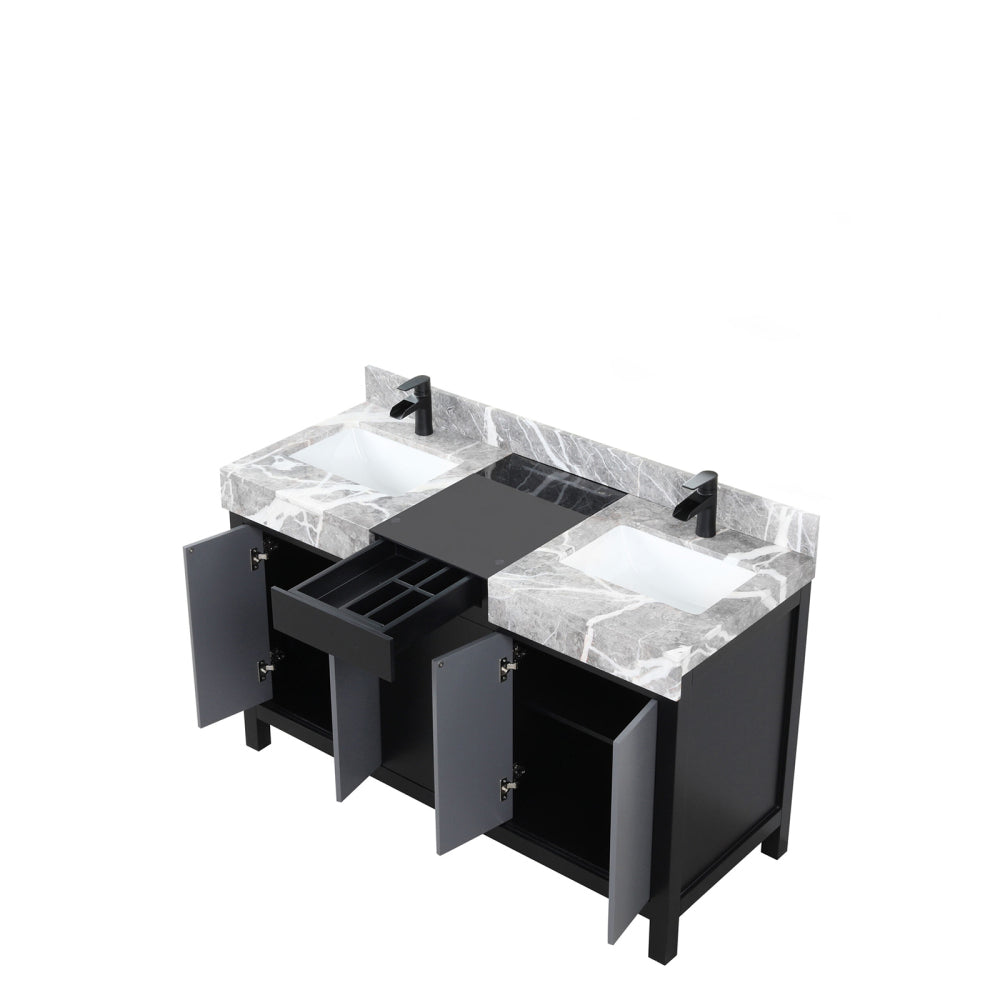 Black and Grey Double Bath Vanity 55 in. W x 22 in. D, Castle Grey Marble Top and Matte Black Faucet Set