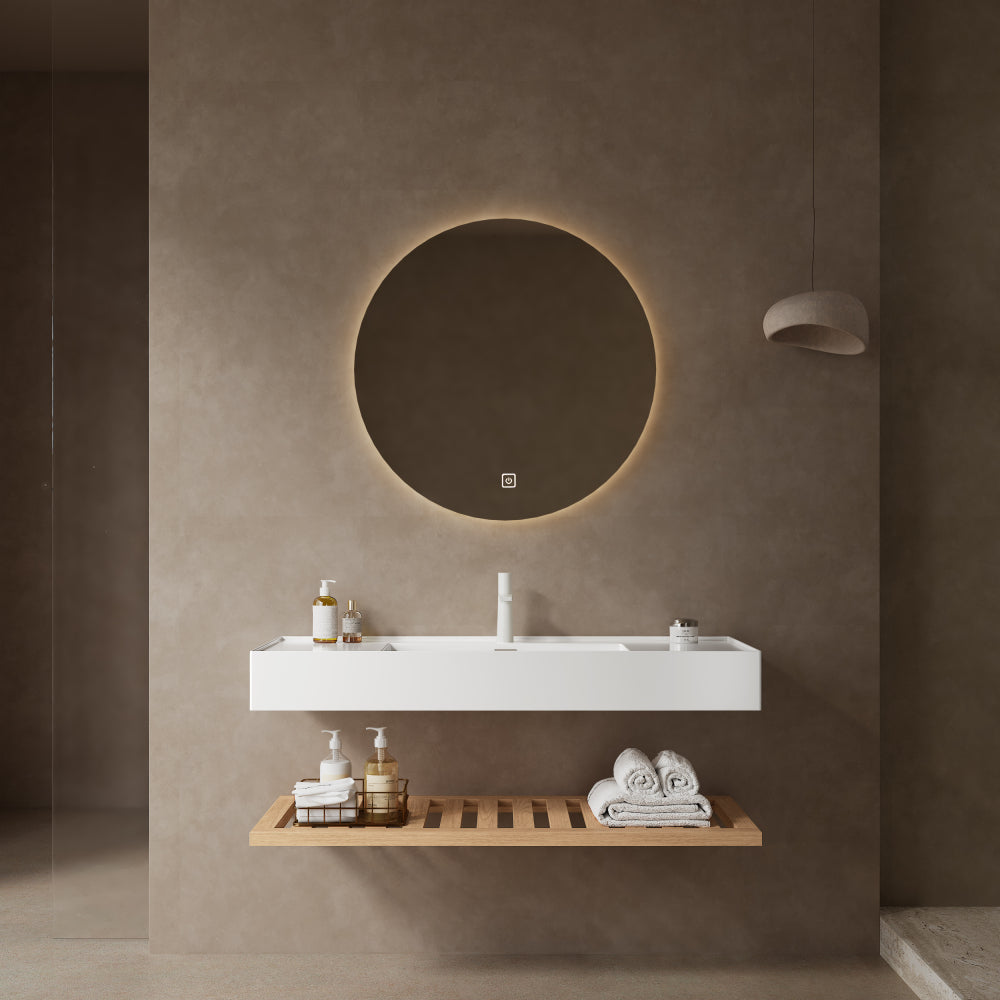 LEDE 48" Bathroom Vanity with Vessel Sink, Wall-Mounted Floating White Rectangular Acrylic Integrated Basin without Faucet, Striped Shelves Layer, Dark Walnut Woodgrain Color
