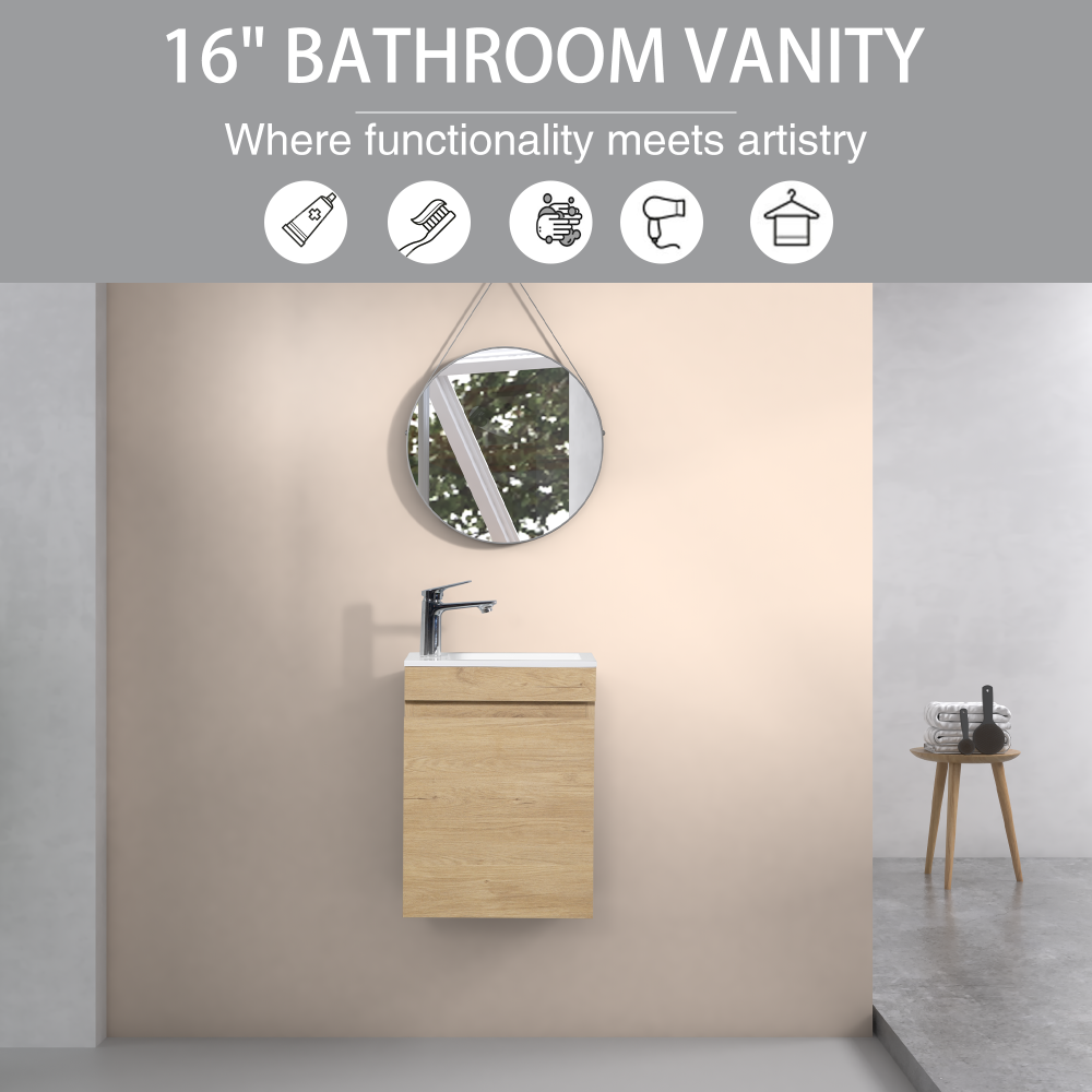 16" Floating Bathroom Vanity with Sink, Wall-Mounted Small Bathroom Storage Vanity Cabinet with Resin Top Basin and Soft Close Doors, Natural Oak 24V11-16NO