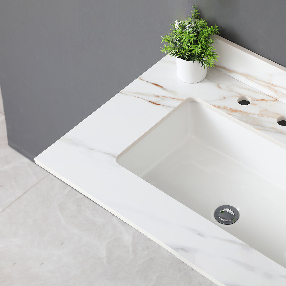 31 Inch Marble Vanity Top, Bathroom Vanity Top with Undermount Rectangular Middle Sink and 4" Height Backsplash, Pre-Drilled 8 Inch Faucet Hole Spread Vanity Top, Carrara white with veins