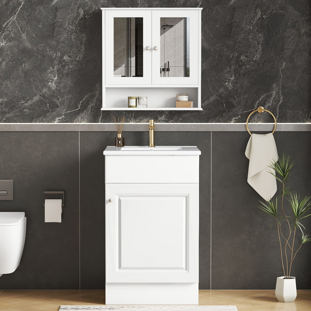 20" Bathroom Vanity with Matching Mirror Medicine Cabinet Combo Set, Modern Bathroom Storage Cabinet with Ceramic Sink, Wall-Mounted Medicine Cabinet for Bathroom, White