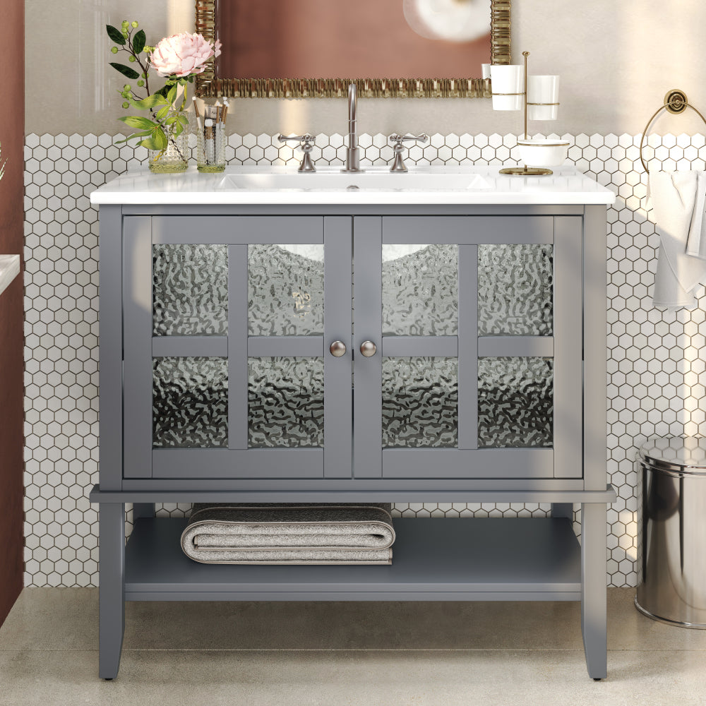 36" Modern Bathroom Vanity with Rectangle Ceramic Sink, Bathroom Cabinet with Large storage space and 45 Degrees Free-Handle Design Soft-Closing Doors, 1 Open Shelf at the Bottom, Dark Brown