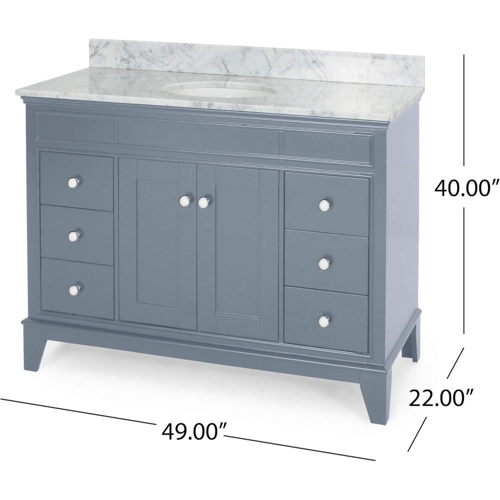 49'' Bathroom Vanity with Marble Top & Ceramic Sink, 2 Doors and 6 Drawers, Gray