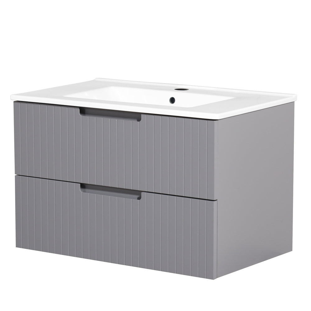 24 Inch Floating Bathroom Vanity with Ceramic Sink, Modern Bath Storage Cabinet Vanity with Drawers Wall Mounted Combo Set for Bathroom, Light Brown