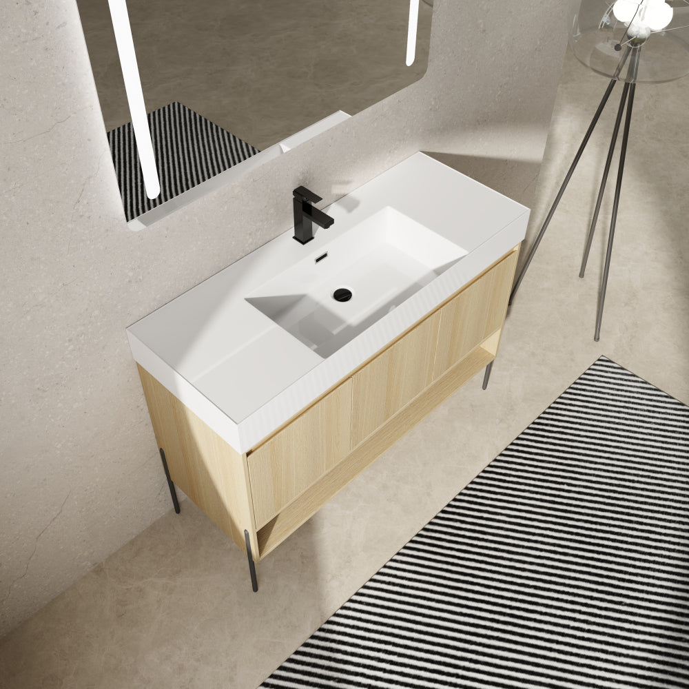 48" Bathroom Vanity Combo w/Single Resin Sink, Modern Storage Cabinet Set 3 Door, Multilayer solid wood, Oak