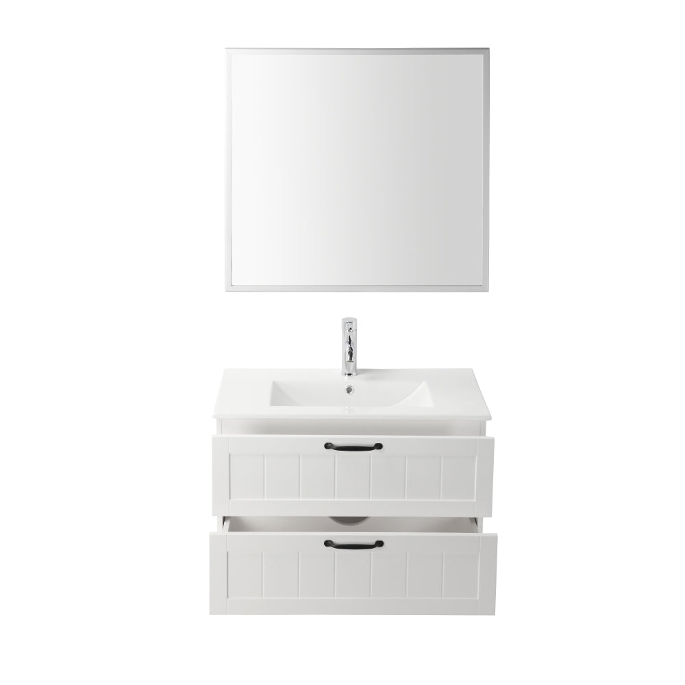 31.5inch Modern Style Bathroom Cabinet, Double Drawer With Decor Line,Wall-Mounted Bathroom Vanity with Basin & Mirror,Soft-Close System,for Bathroom,White