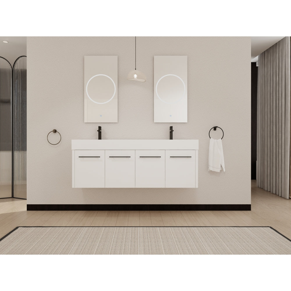 60 Inch Wall-Mounted Bathroom Vanity with Sink, Thick Edged Double Resin Sink, KD-Package
