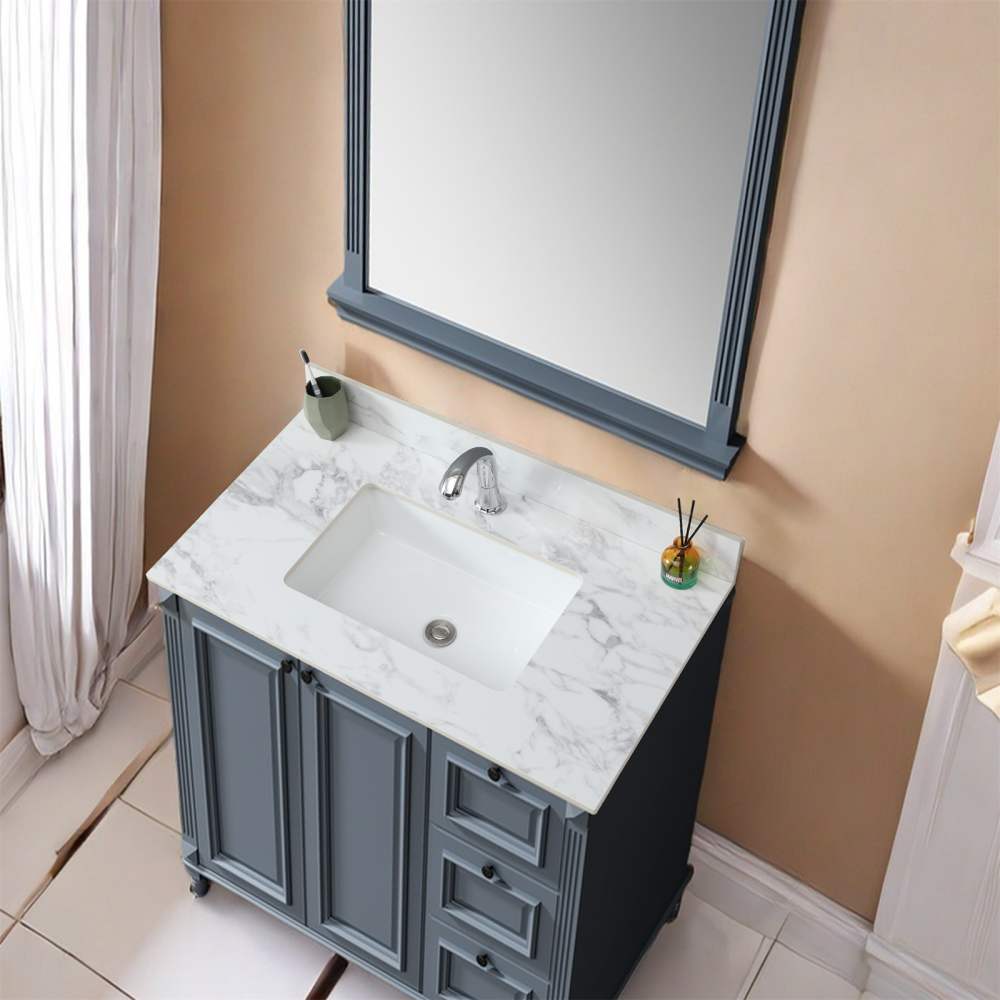 37"x22"Bathroom Vanity Top,sintered stone carra white Barthroom Vanity Sink Tops with Rectangular Undermount Ceramic Sink with Vanity Backsplash, Single Faucet Hole Bathroom Vanity Countertop