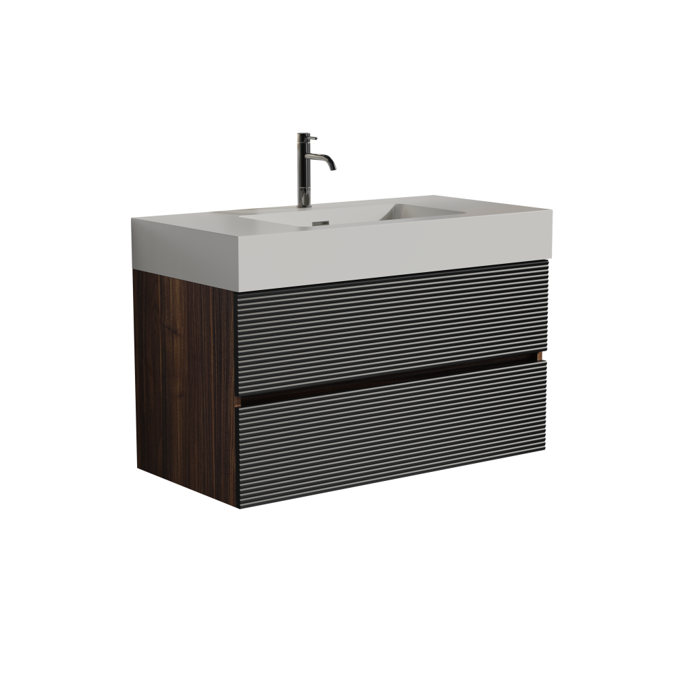 Grace 36" Walnut Bathroom Vanity with Glossy White Solid Surface Sink and Soft Black Drawers, Wall Mounted Floating Bathroom Vanity for Modern Bathroom, One-Piece Glossy White Basin, KD