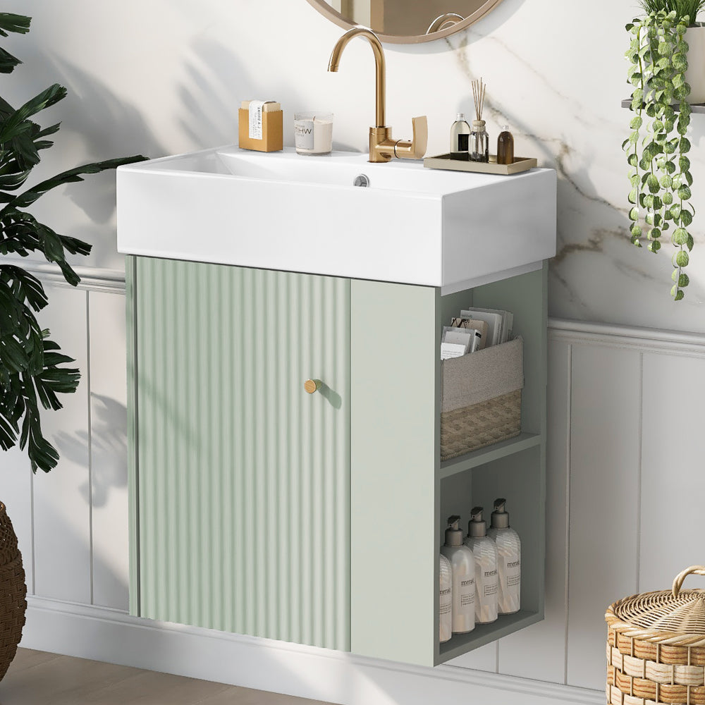 21.6" Green Bathroom vanity, Combo Cabinet, Bathroom Storage Cabinet, Single Ceramic Sink, Right side storage