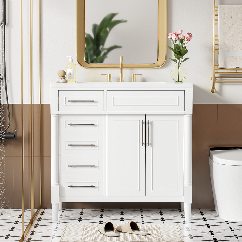 36'' Bathroom Vanity with Top Resin Sink, Freestanding Bathroom Storage Cabinet with 2 Drawers and a Tip-out Drawer, Solid Wood Frame Vanity Set, Height Adjustable Shelf