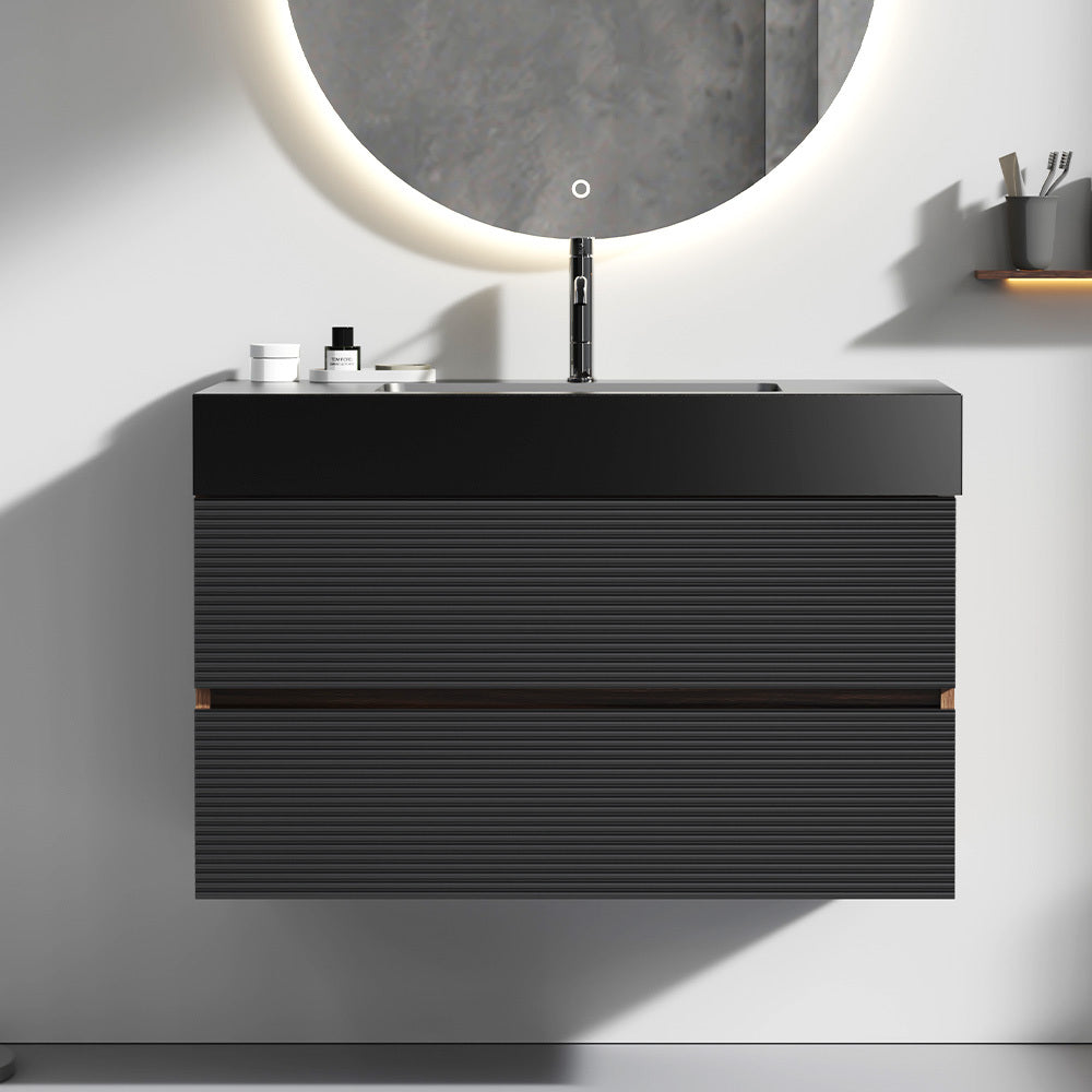 Grace 36" Walnut Bathroom Vanity with Matt Black Engineered Quartz Sink and Soft Black Drawers, Wall Mounted Floating Bathroom Vanity for Modern Bathroom, One-Piece Matt Black Basin, KD