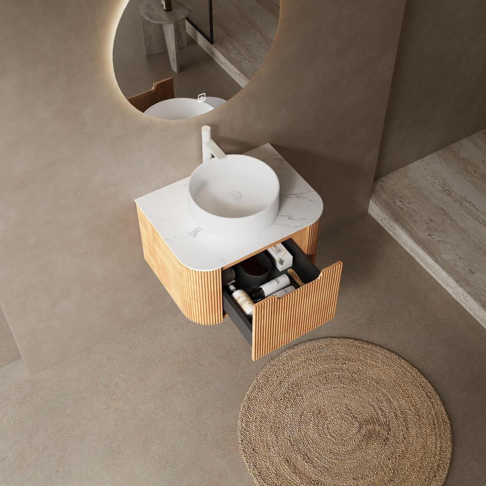 DINA 24" Bathroom Vanity with Sink, Modern Wall-Mounted Floating Curved Edges Striped Bathroom Storage Cabinet with a Drawer, White Artificial Marble Basin without Faucet, Pre-assembled, Natural Wood