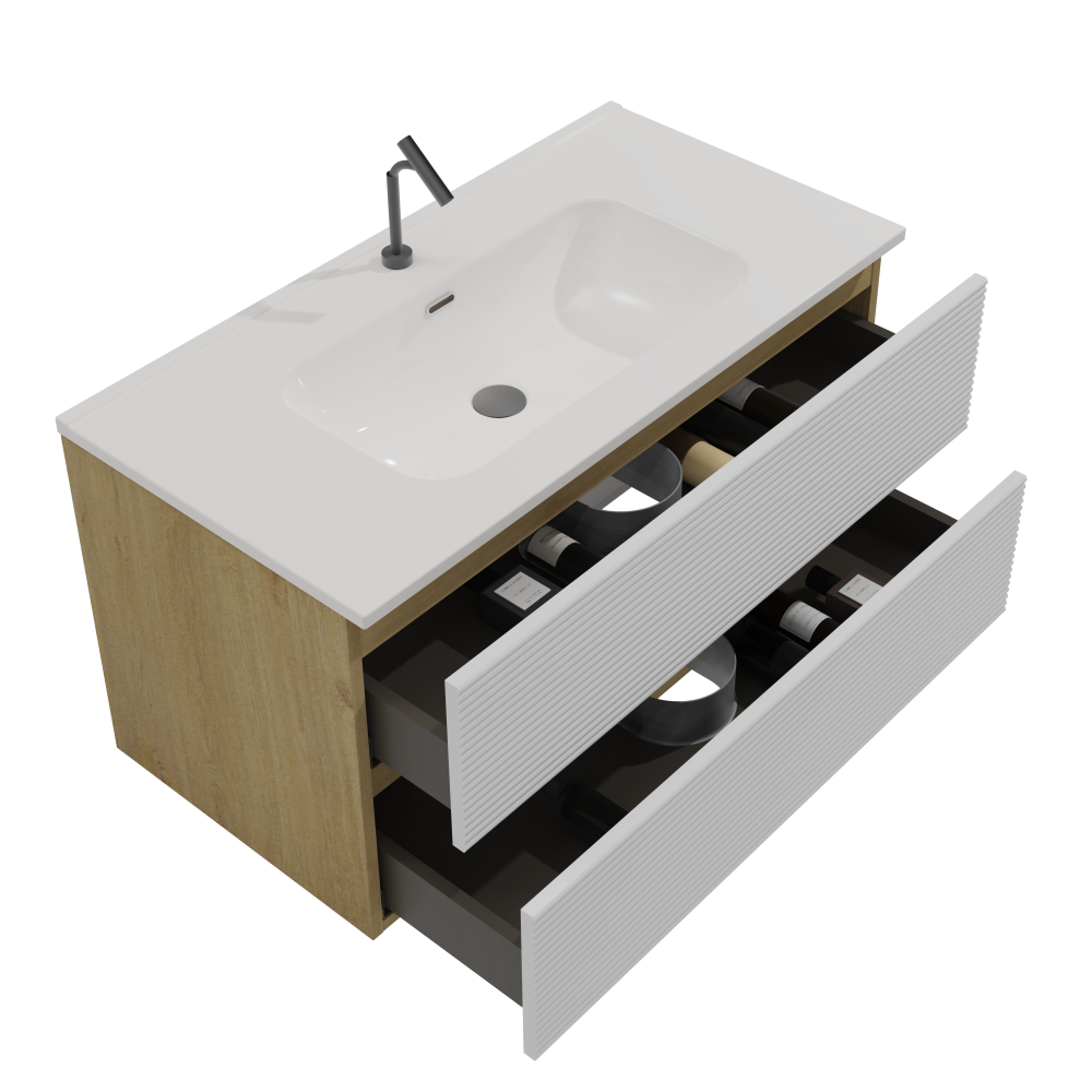 Gloria 36" Wall Mounted Snow White Matt & Natural Oak Bathroom Vanity with Integrated Ceramic Sink with Overflow, Large Storage Floating Bathroom Vanity for Modern Bathroom, Pre-assembled