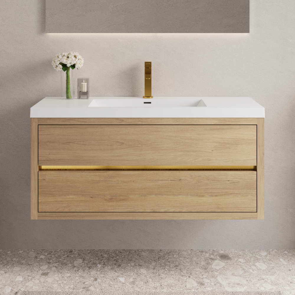 48" Wall-Mounted Bathroom Vanity with Sink, Floating Bathroom Storage Cabinet with Stone Resin Countertop and Soft Close Drawers, Natural Oak 24V15-48NO