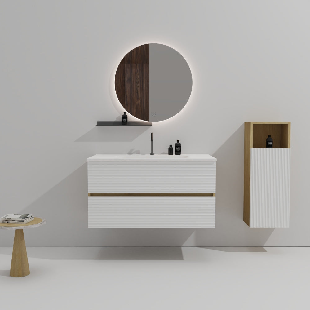 Gloria 36" Wall Mounted Snow White Matt & Natural Oak Bathroom Vanity with Integrated Ceramic Sink with Overflow, Large Storage Floating Bathroom Vanity for Modern Bathroom, Pre-assembled