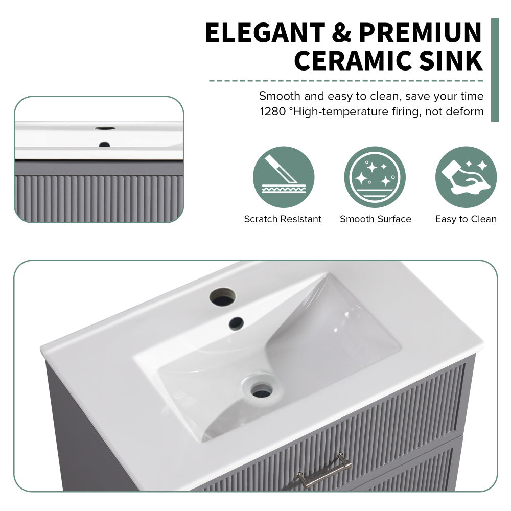 30 Inch Bathroom Vanity with Ceramic Sink Combo Set, Modern Freestanding Bathroom Storage Cabinet with 2 Drawers, Floor Standing Bath Vanity, Gray