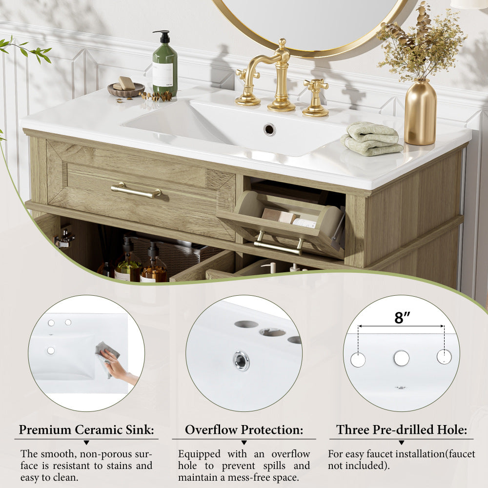36" Bathroom Vanity with Ceramic Sink, Rubberwood Frame, 2 Soft Close Doors, 1 Flip-Down Drawer, 1 Shallow Drawer, 1 Deep Drawer, Adjustable Shelf, Space-Saving Design for Small Bathrooms