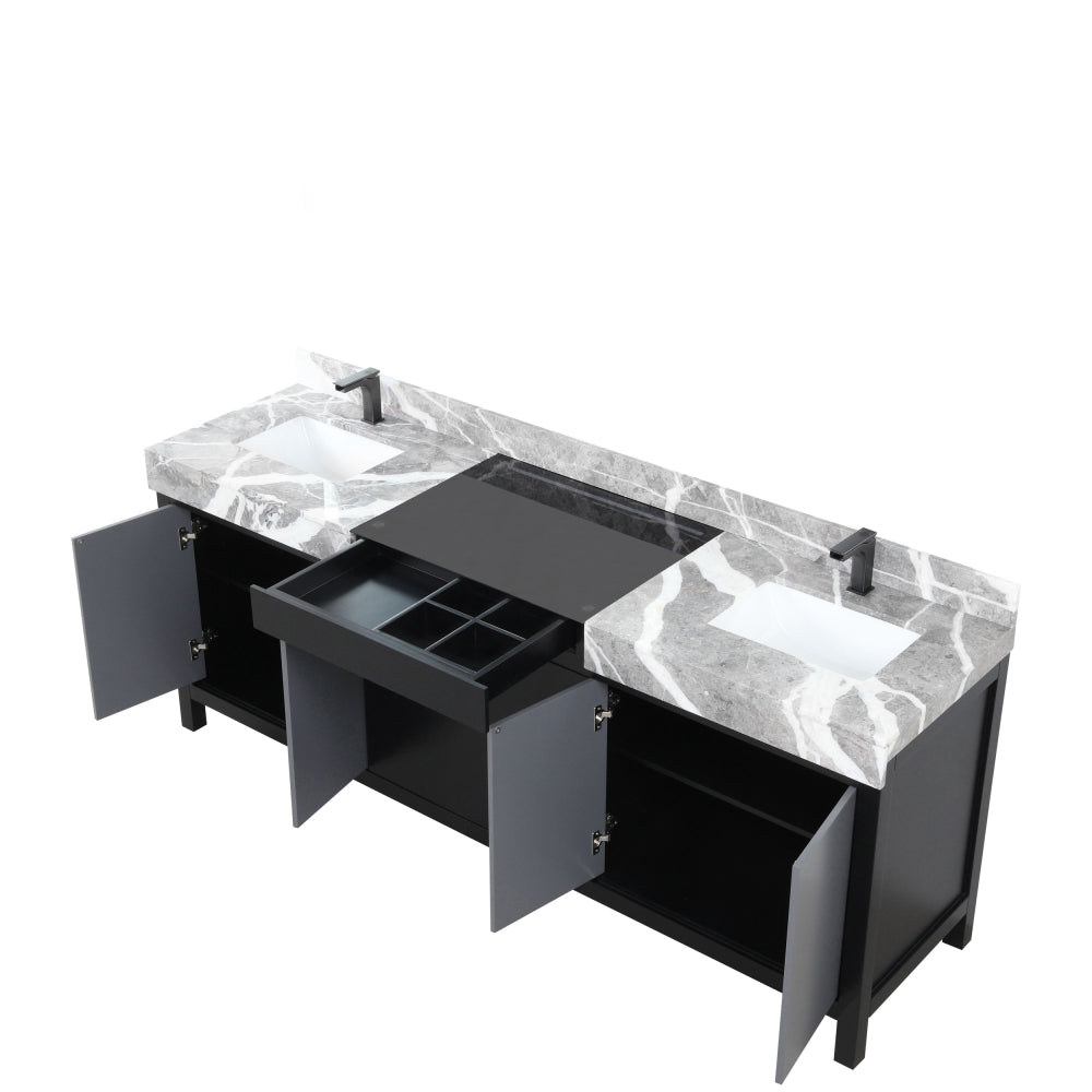 Black and Grey Double Bath Vanity 84 in. W x 22 in. D, Castle Grey Marble Top and Gun Metal Faucet Set