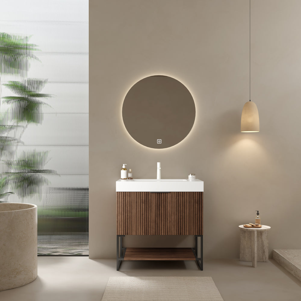 YOLAN 24" Bathroom Vanity with Sink, Freestanding Plywood Striped Storage Cabinet with Drawer and Open Shelf, White Rectangular Integrated Basin without Faucet, Pre-assembled, Light Brown Oak Color